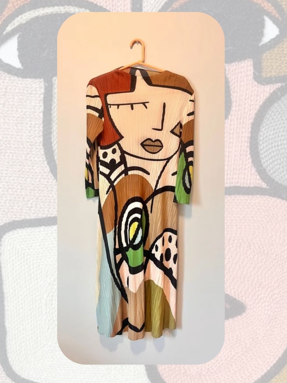 🎉Vanite Couture Picasso Abstract Art Print Long Sleeve Pleated Maxi Dress